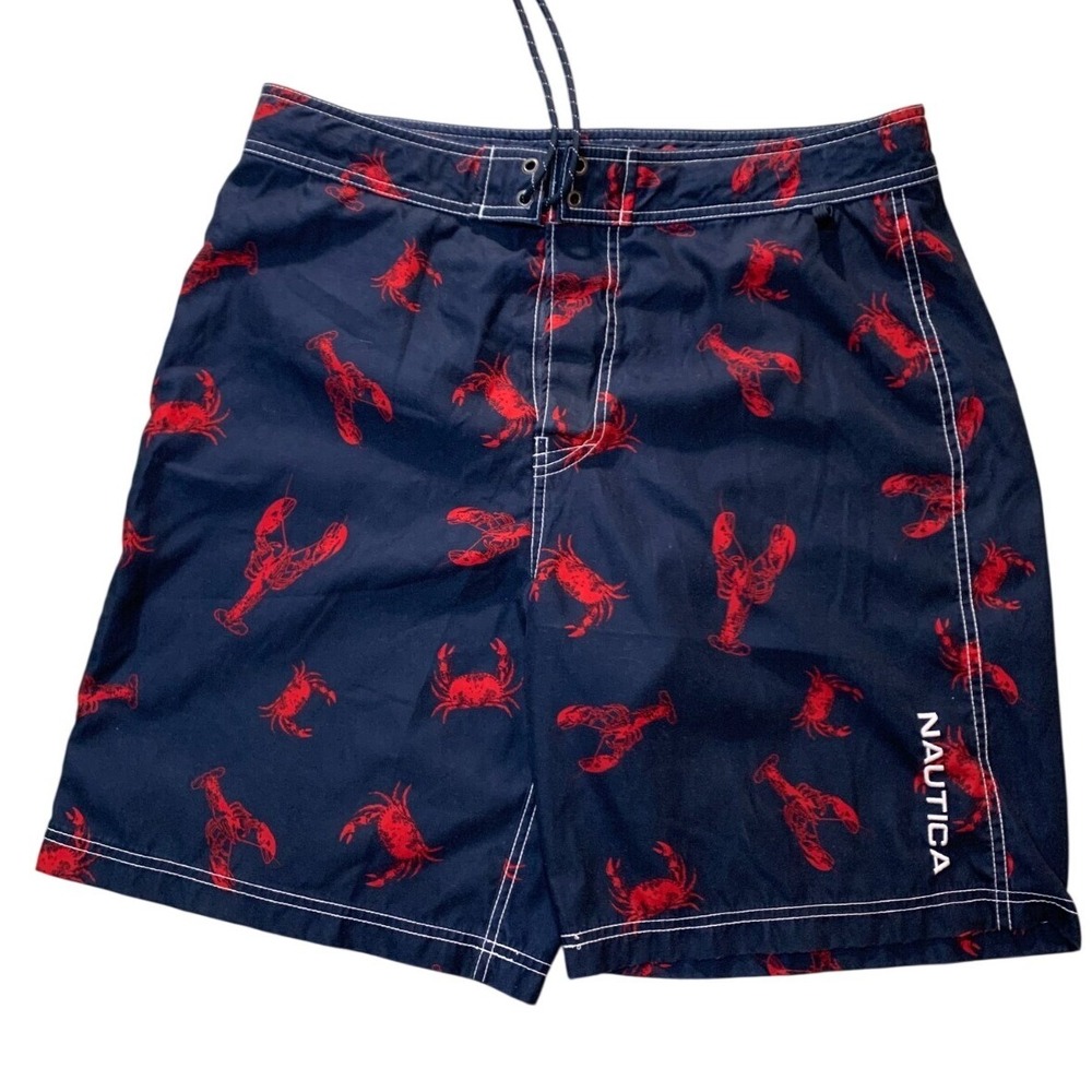 Nautical Lobster Print Swim Trunks Navy Blue Board Shorts Men's 34 Pool Resort